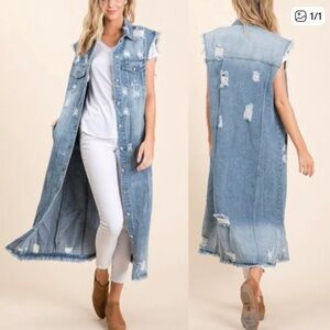 Distressed Sleeveless Denim Midi Dress